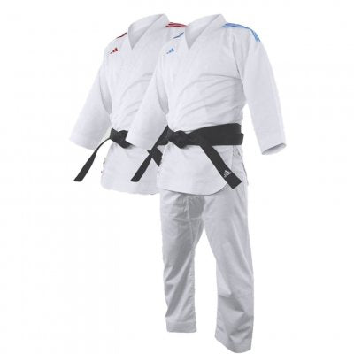 Adidas Adizero 2.0 Kumite Karategi Kit dengan jaket ganda berwarna merah dan biru.