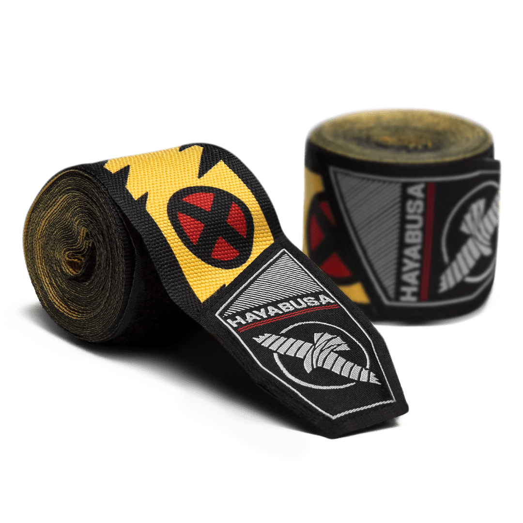 Par de bandagens enroladas Hayabusa Marvel Hero Elite Wolverine com detalhes de garras e cores amarelo/azul