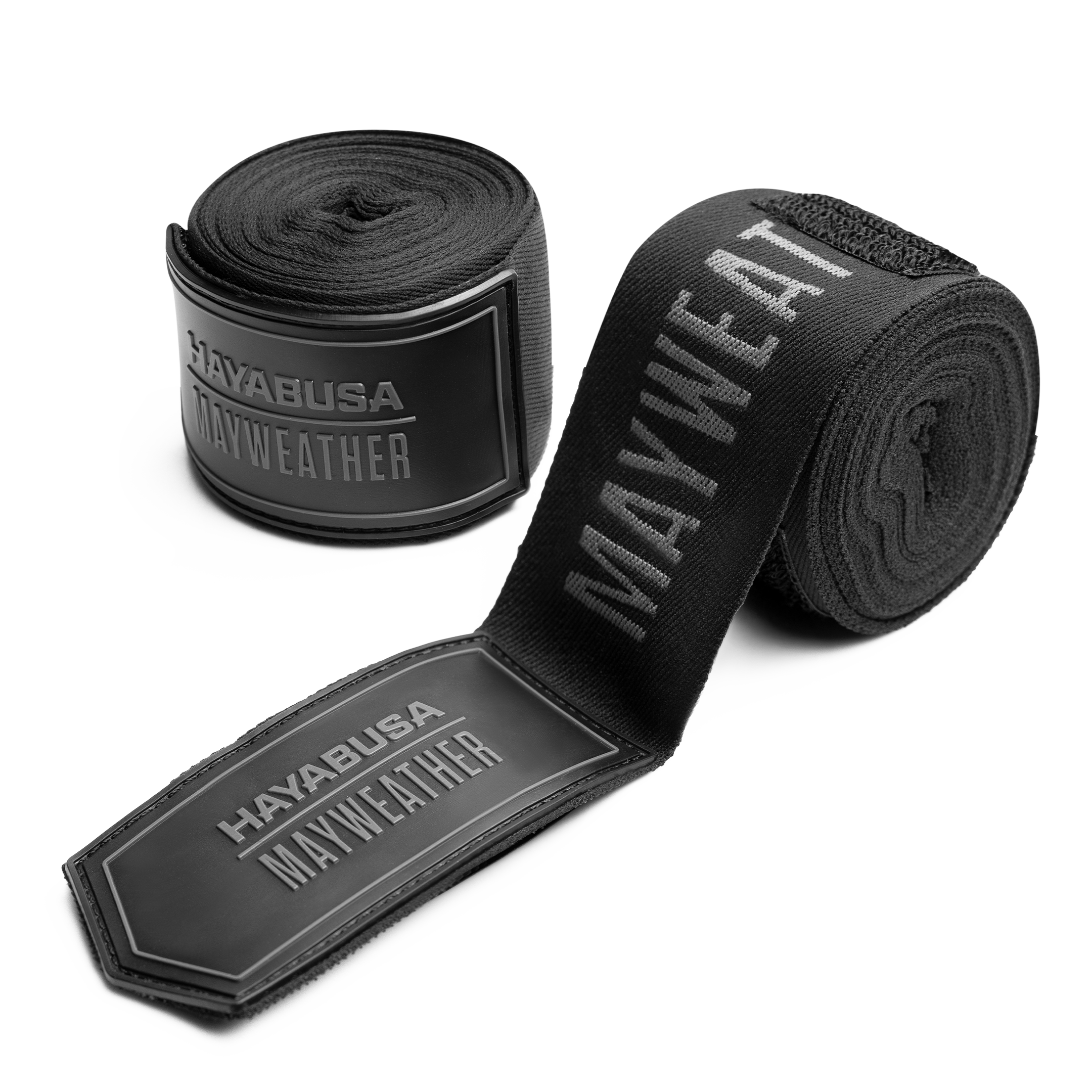 Coppia di bende da boxe Mayweather 180 pollici Deluxe nere e grigie arrotolate, vista principale