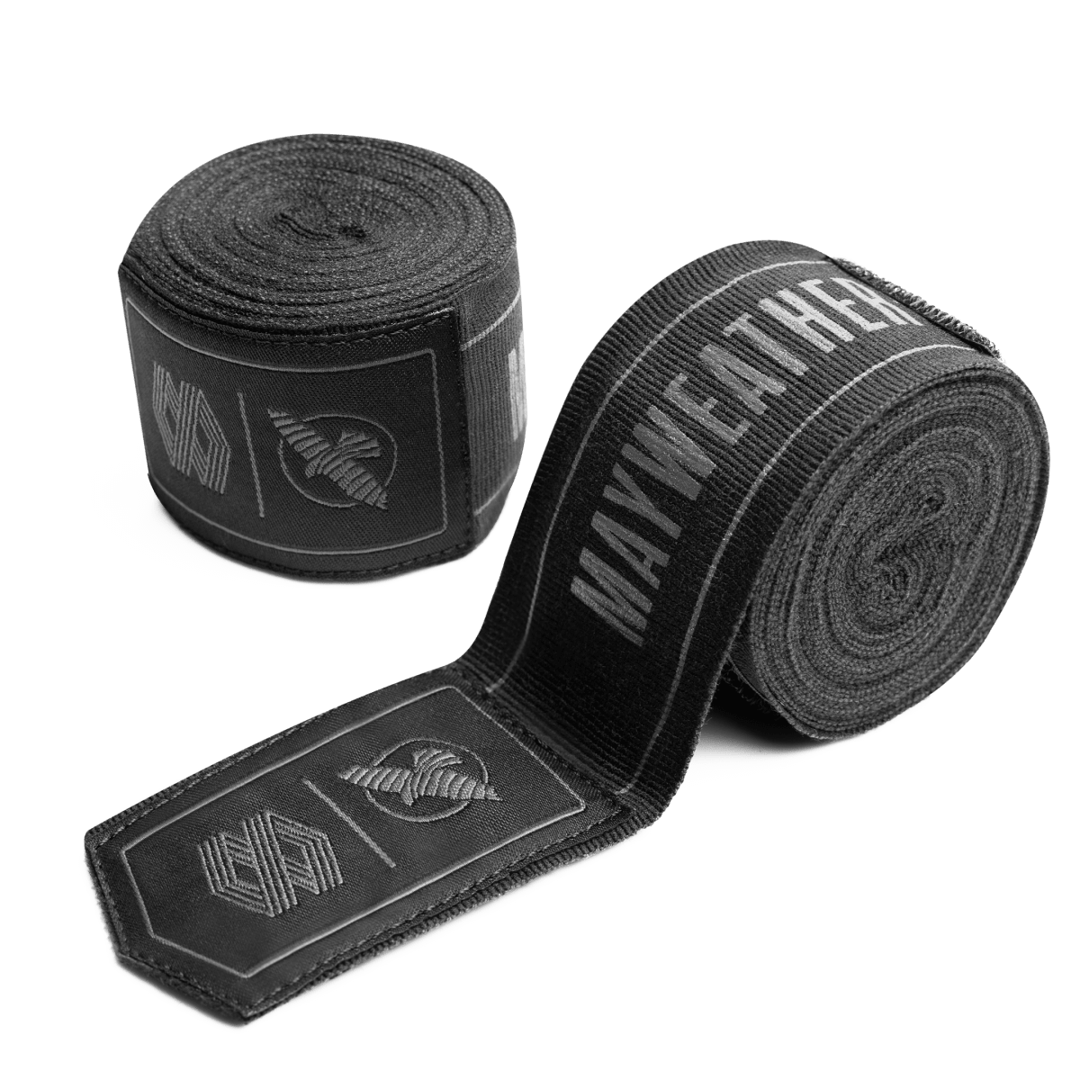Discos enrolados de bandagens elásticas para as mãos Mayweather Hayabusa de 180 polegadas pretas e cinza, com letras cinza escuro e logotipos discretos 'MAYWEATHER'
