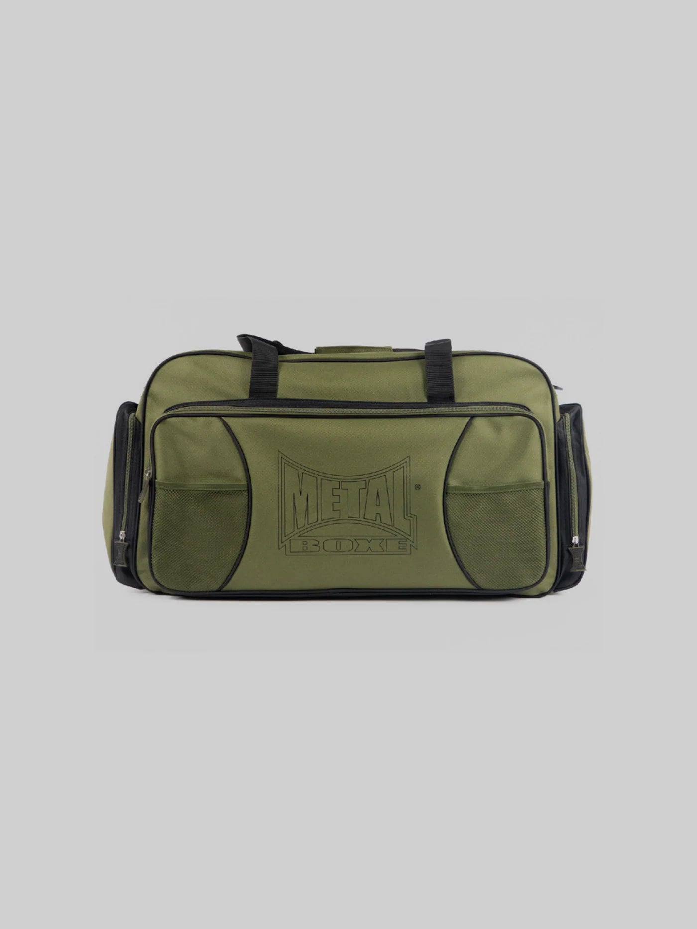 Primo piano della scritta logo Metal Boxe sulla borsa sportiva Khaki