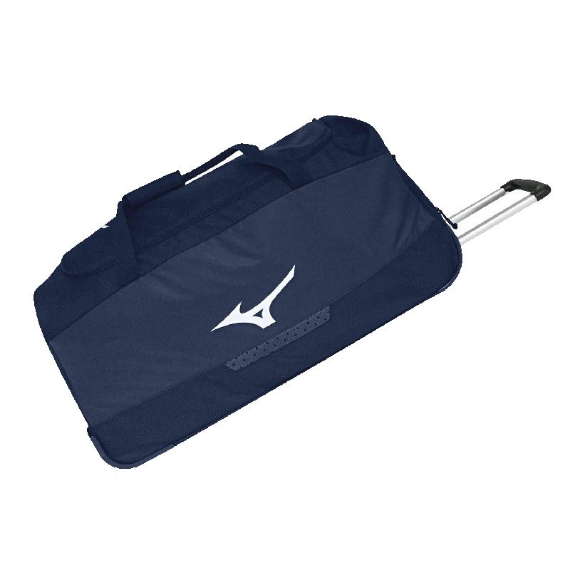 Espaciosa maleta Mizuno NAVY Trolley con ruedas y asa reforzada para deporte y viajes