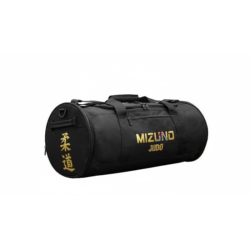 Bolsa de Judo Mizuno Fuji negra con escritura y kanji dorados.