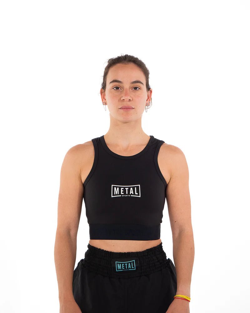 Vista frontal de la camiseta sin mangas de compresión negra Metal Boxe Donna con cobertura total del abdomen y el pecho