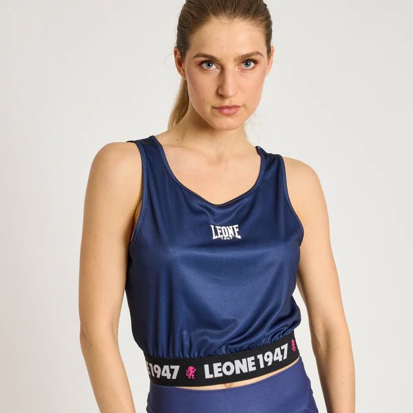 Tank top crop biru wanita LEONE Stripe '47 dengan grafis sport orisinal
