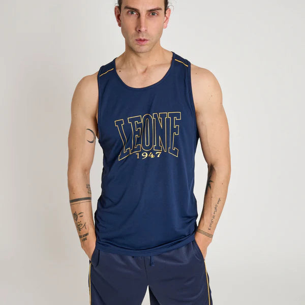 Front view of the blue Leone 1947 DNA sports tank top for intense training
