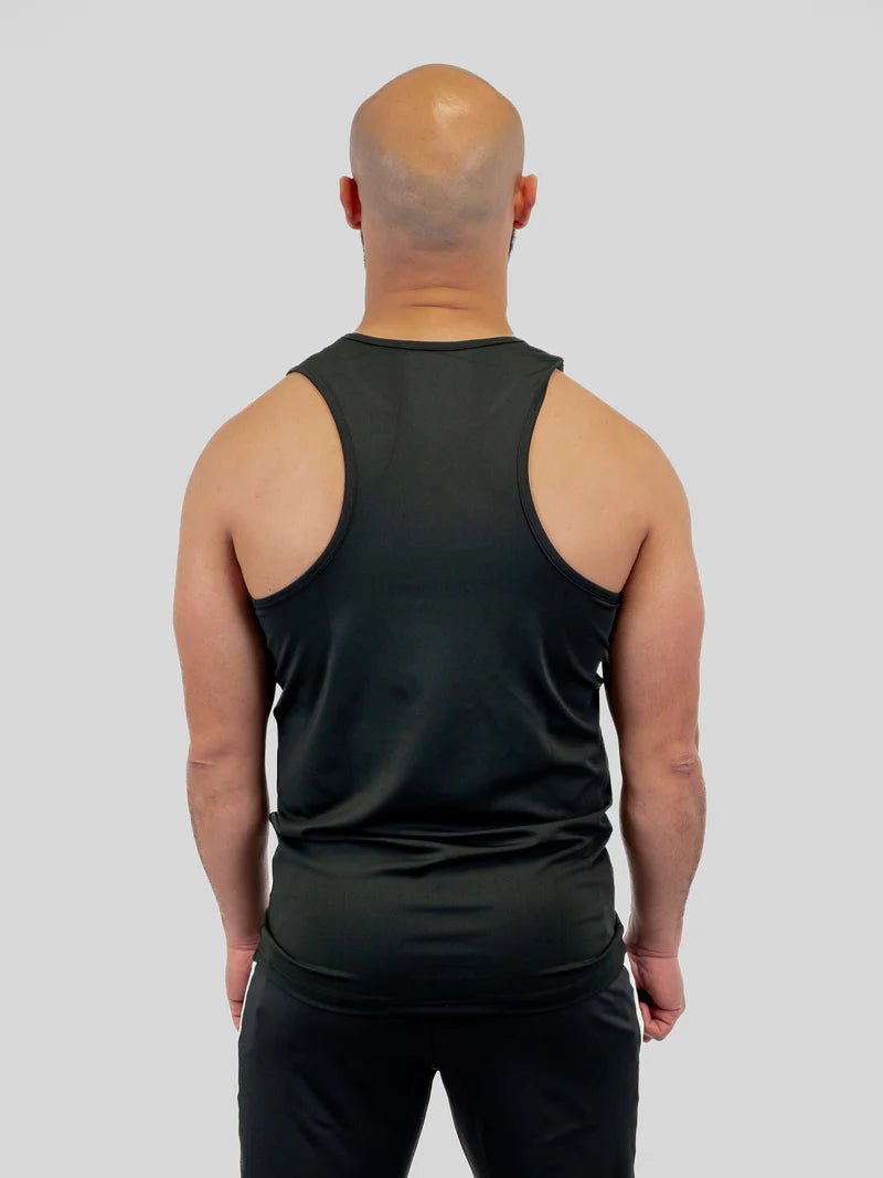Vista trasera de la camiseta deportiva de tirantes Metal Boxe BF negra, corte ergonómico