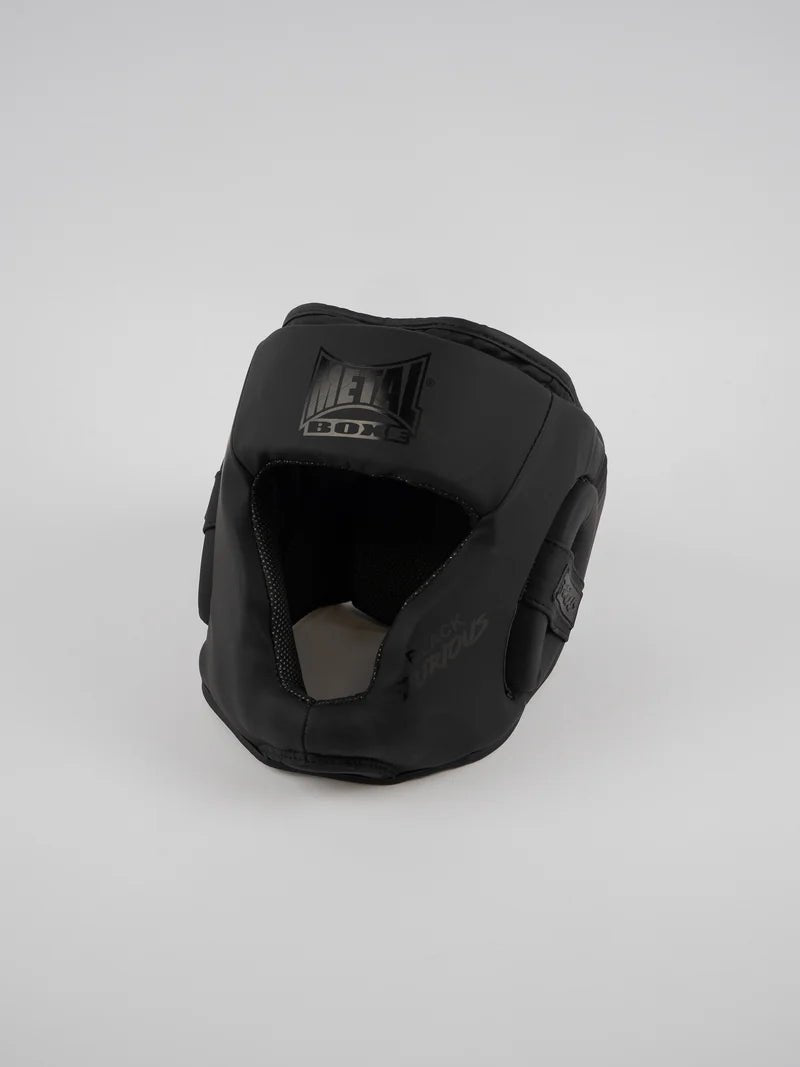 Front view of the matte black Metal Boxe Black Furious helmet with cheek guards