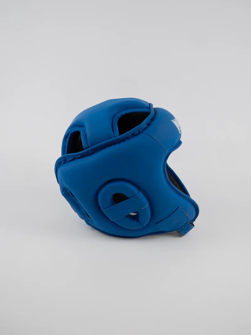 Vista lateral del casco azul Metal Boxe Competition, protección para los oídos