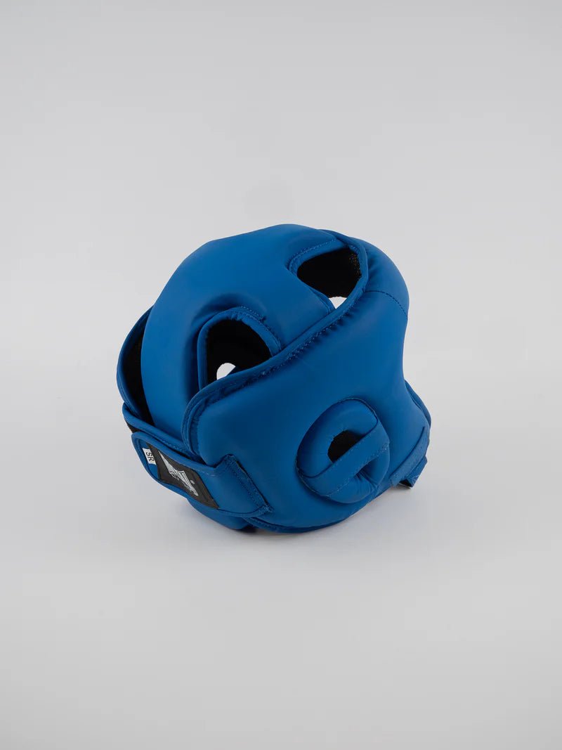 Vista trasera del casco Metal Boxe Competition azul con sistema de cierre de velcro