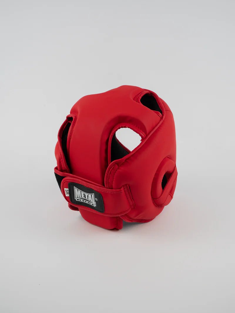 Vista trasera del casco Metal Boxe Competition rojo con cierre seguro