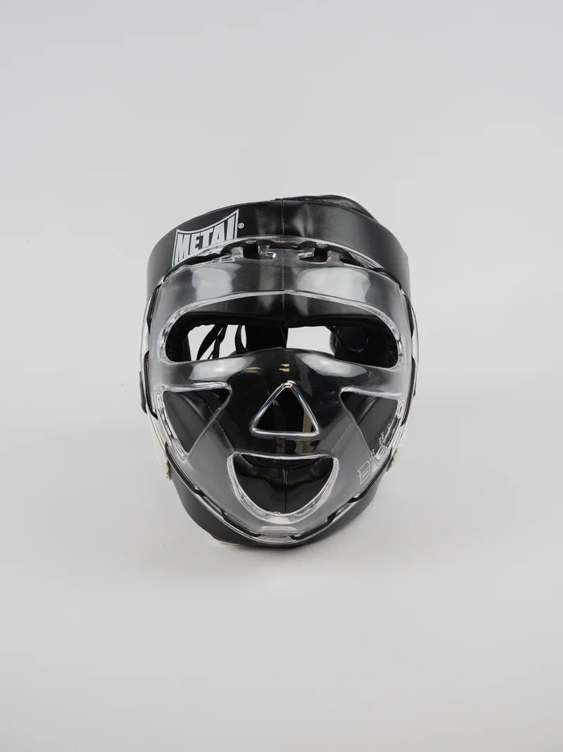 Vedere frontală a căștii Metal Boxing cu vizor de protecție integrală din policarbonat