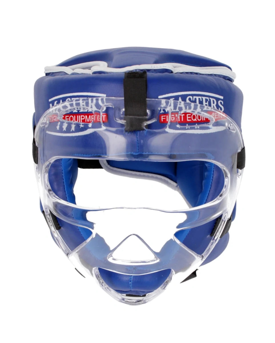 Helm Kick Boxing biru WAKO dengan visor untuk perlindungan seluruh wajah selama sparring