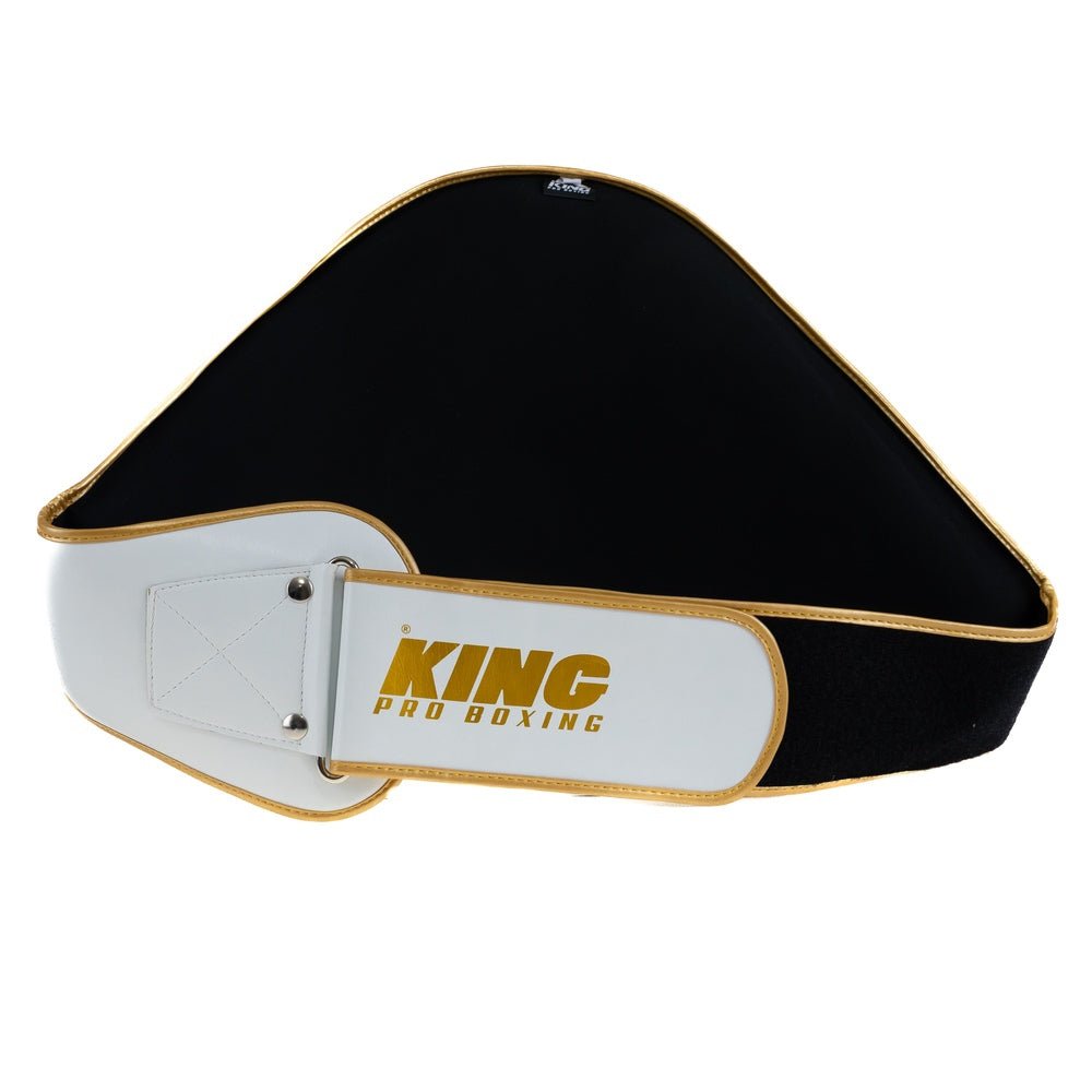 Parte trasera del cinturón King Pro Boxing blanco con correas ajustables y almohadilla de soporte lumbar