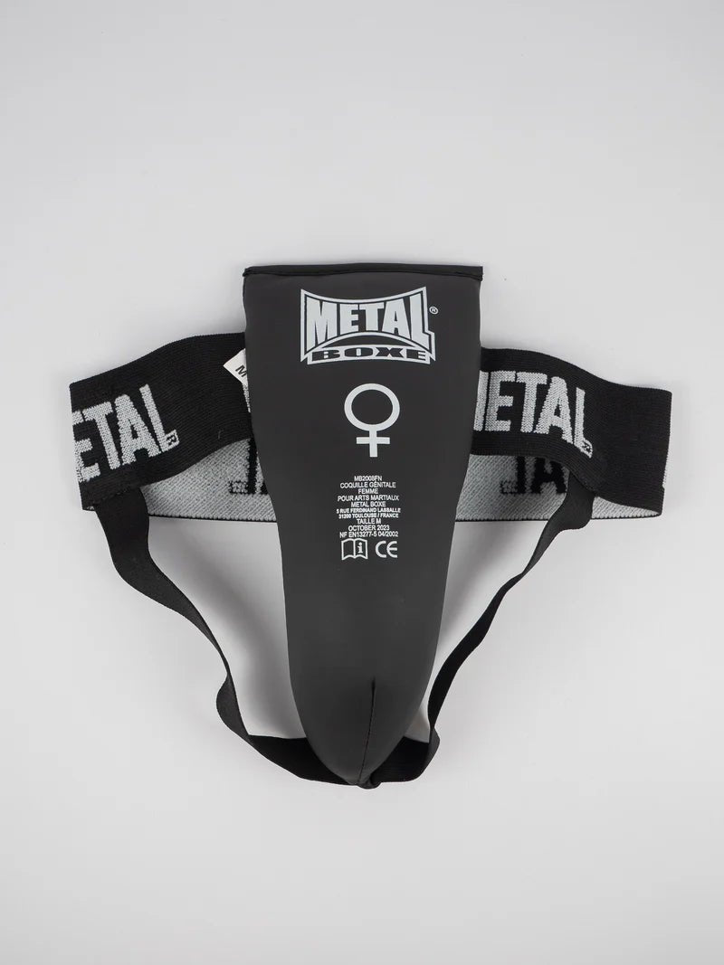 Women's Metal Boxing skalskydd, svart färg med elastiskt stöd