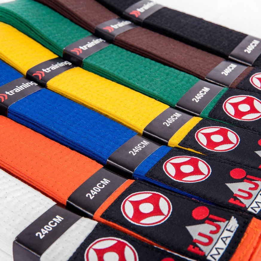 Detalle de las 8 hileras de costuras de refuerzo del cinturón Kyokushin Fujimae