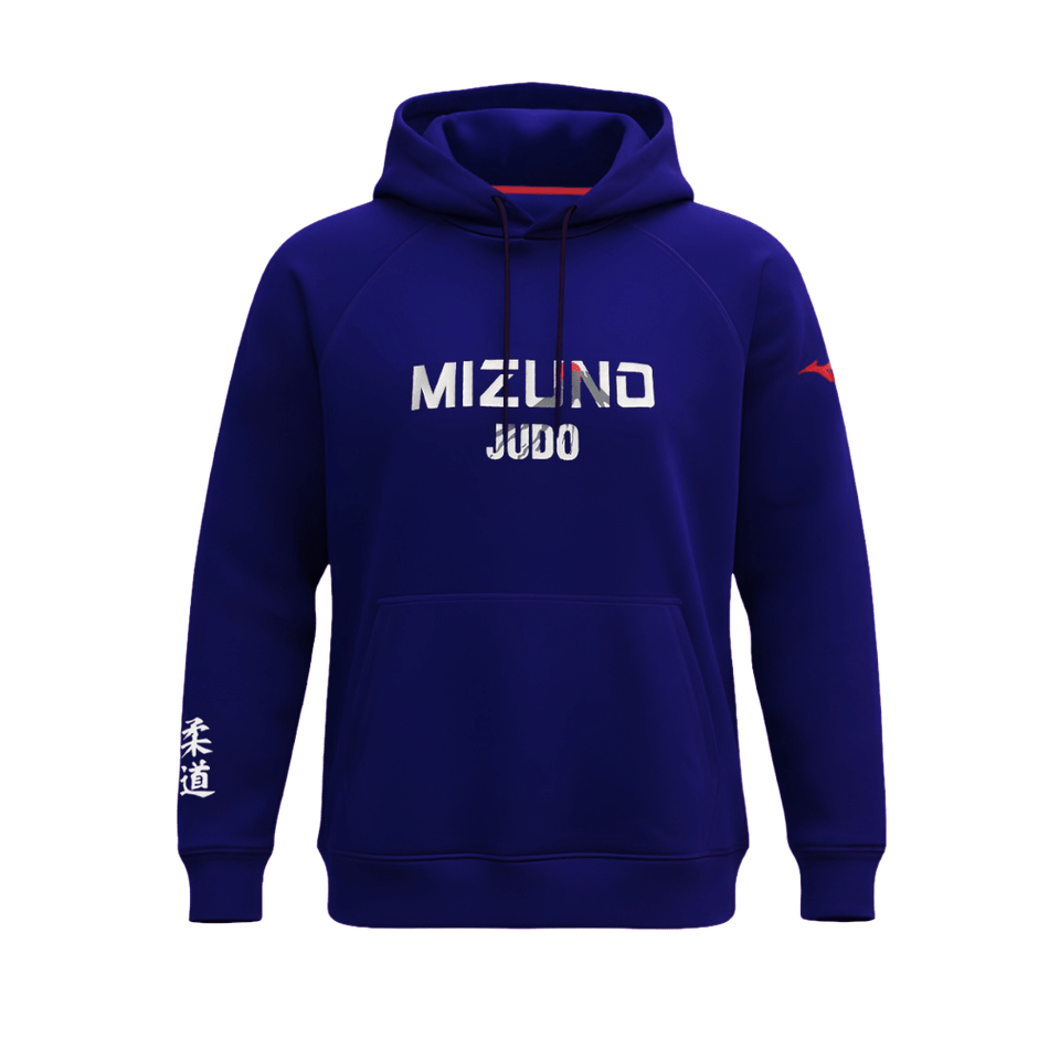 Sweater bertema Mizuno Fuji Judo biru dengan saku kanguru.