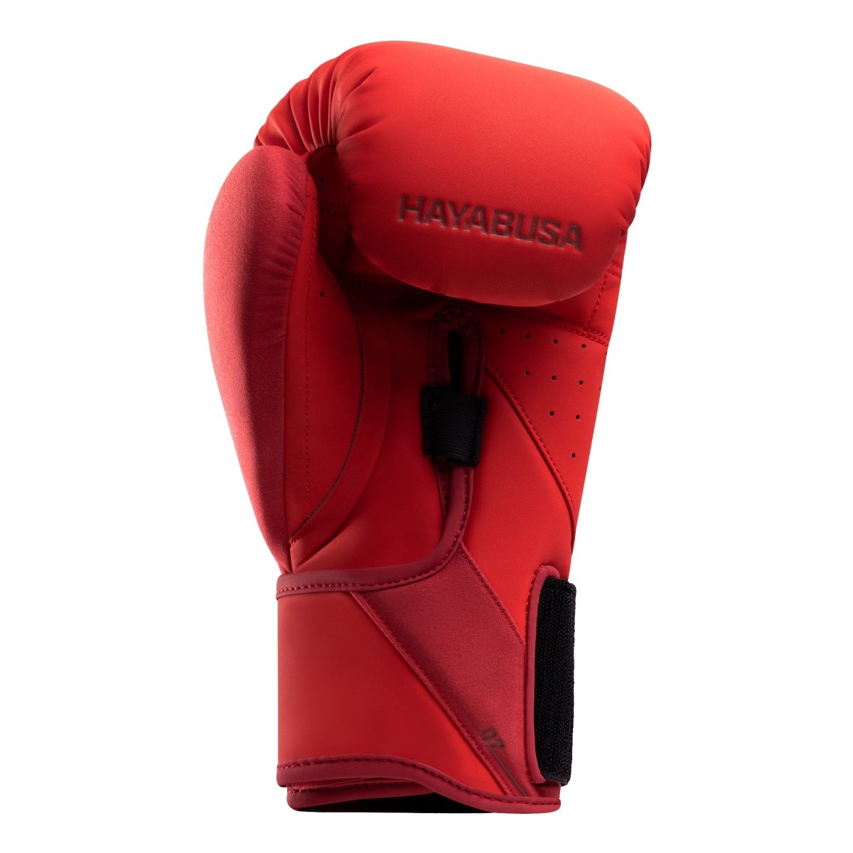 Detalhe do sistema de fechamento Dual-X nas luvas de boxe vermelhas Hayabusa T360