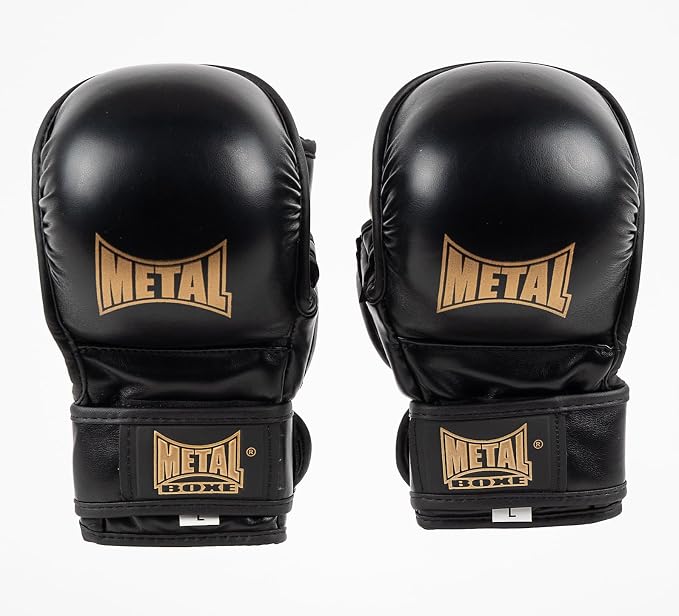 Vista frontale della coppia di guanti da MMA Metal Boxe Strike GRS ecologici a dita aperte