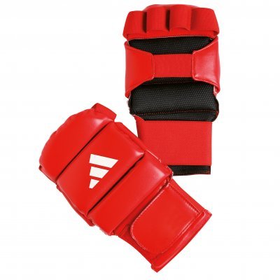 Vista frontal de los guantes Adidas Ju Jitsu rojos con logo blanco.