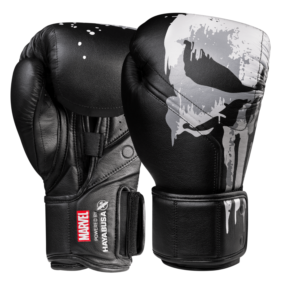 Par de luvas de boxe infantis pretas Hayabusa Marvel Punisher com logotipo de caveira
