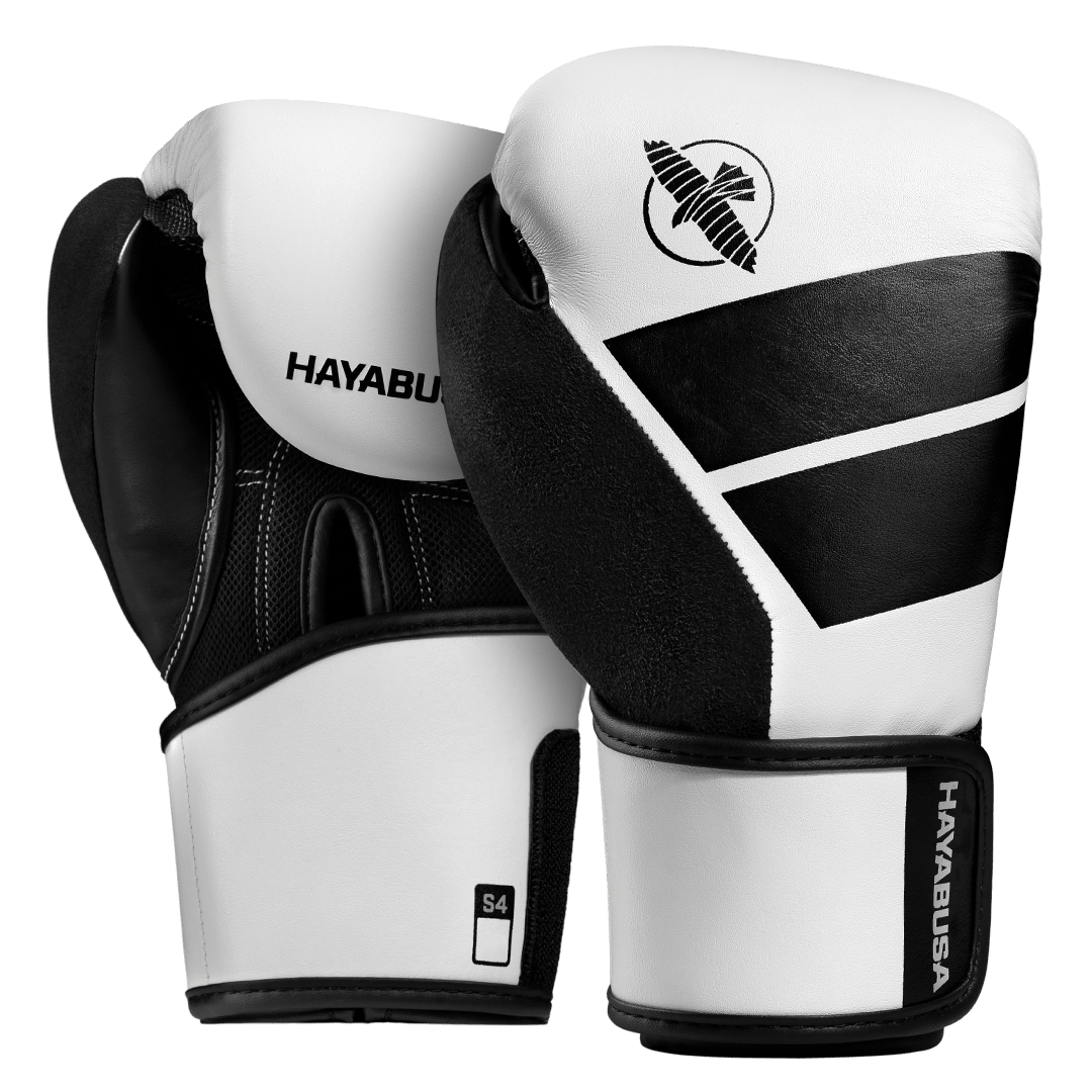 Par de luvas de boxe Hayabusa S4 brancas para crianças com logotipos pretos