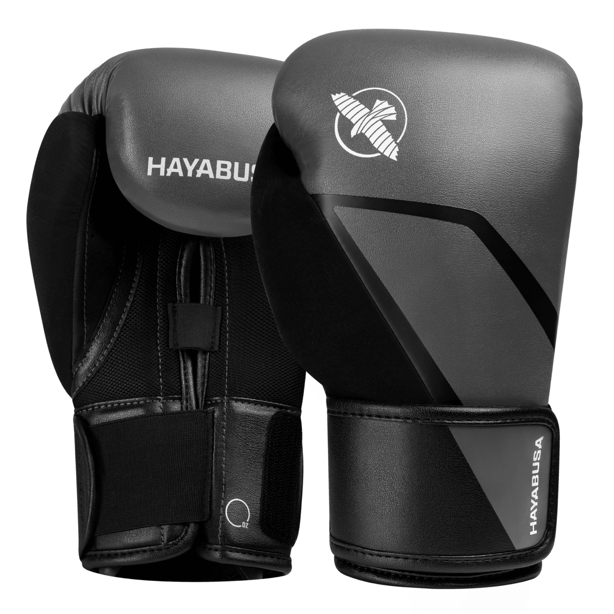 Conjunto de luvas de boxe cinza Hayabusa E1 com palma preta e detalhes