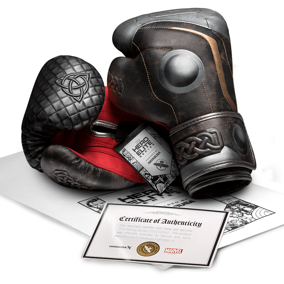Certificado oficial de autenticidade da colaboração Hayabusa X Marvel para as luvas Thor