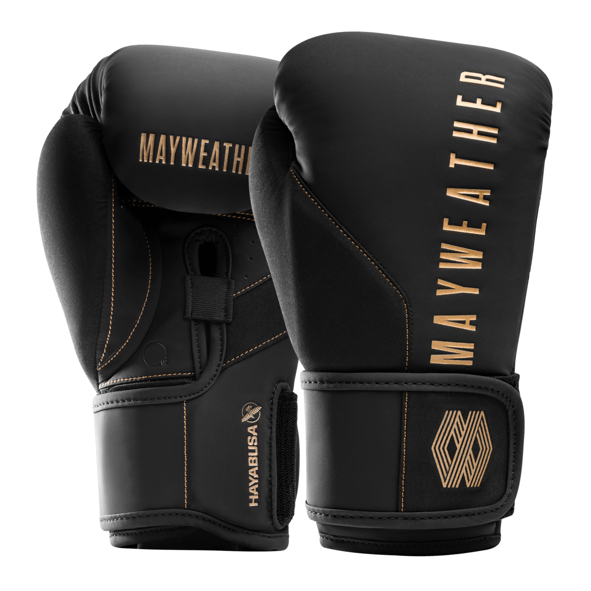 Mănuși de box Mayweather Champ negre și aurii văzute din față în prim-plan.