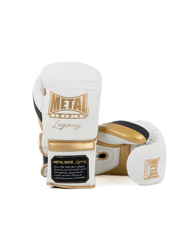 Pair of white Metal Boxing Legacy gloves, handcrafted design with laces