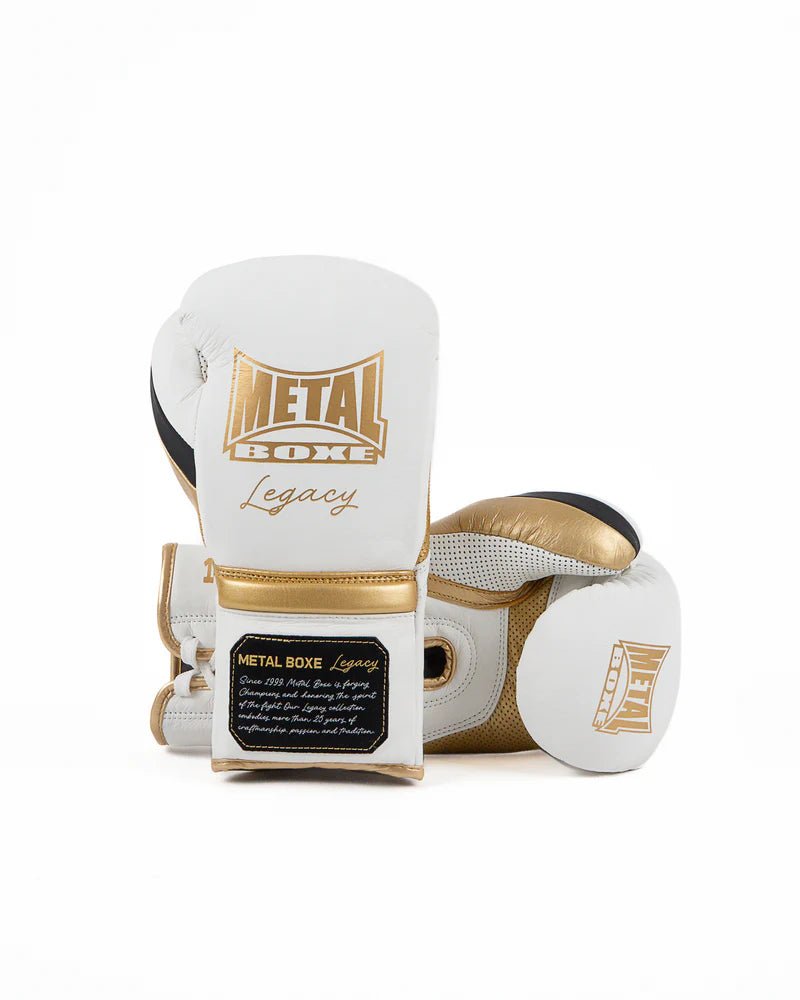Pair of white Metal Boxing Legacy Horsehair gloves, professional leather design