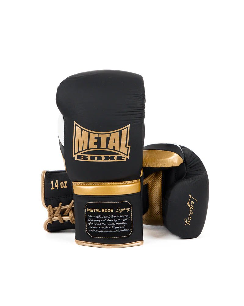 Pair of black Metal Boxing Legacy Sparring gloves, professional protection with laces