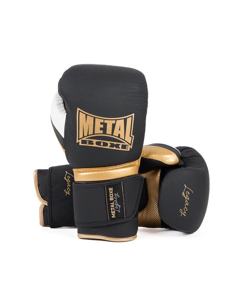 Pair of black Metal Boxing Legacy Sparring gloves with professional velcro closure