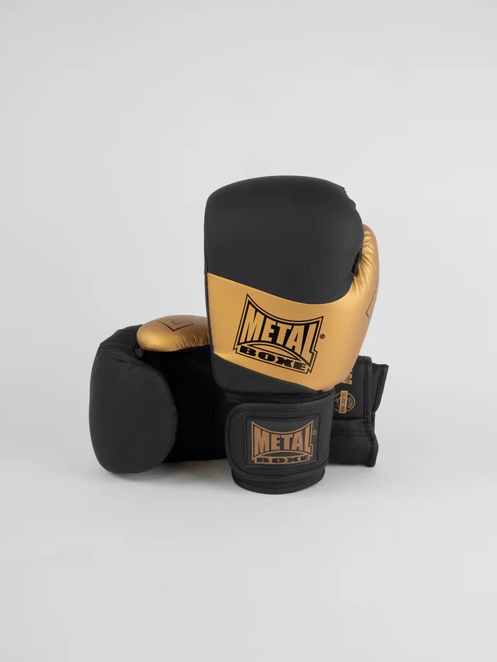 Front view of black and gold Metal Boxing Competition EV1 gloves