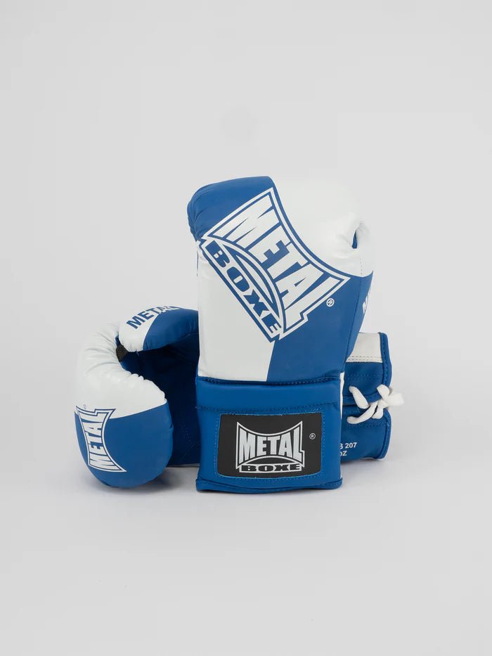 Front view of blue Metal Boxing Competition gloves, two-tone professional design