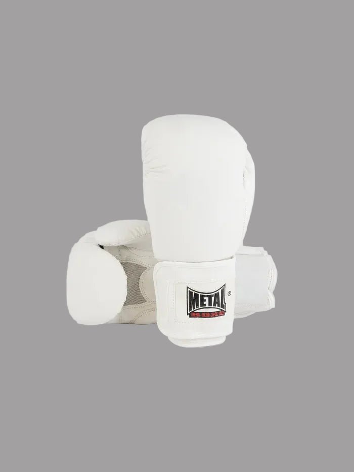 Front view of Metal Boxing Competition White Light gloves in white matt PU