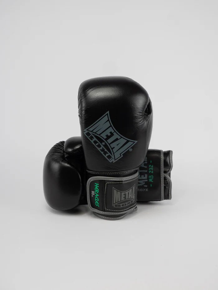 Front view of the professional black leather Metal Boxing Heracles gloves
