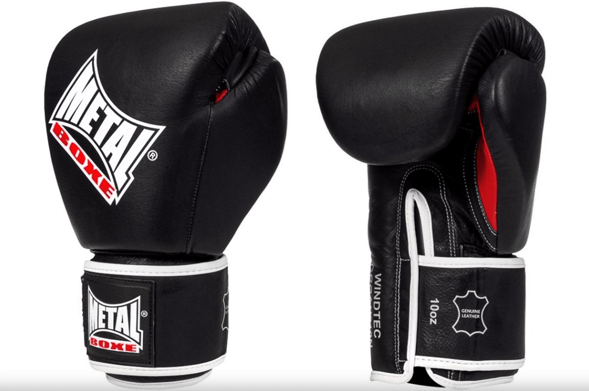 Front view of OKO metal boxing gloves in black buffalo leather