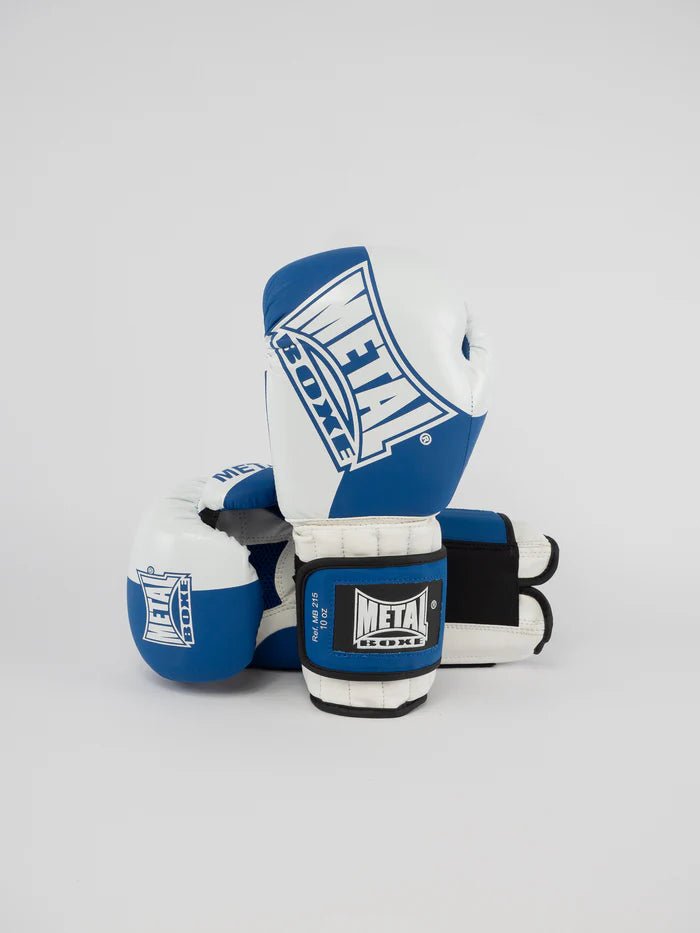 Front view of Savate blue and white Metal Boxing gloves