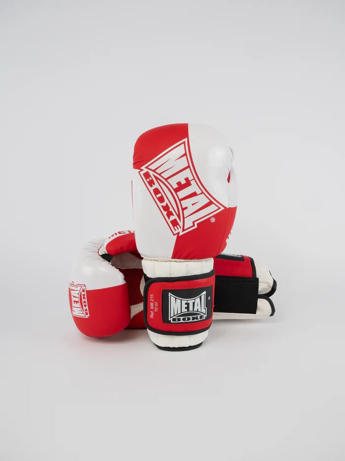Vista frontal das luvas de boxe Metal Savate vermelhas e brancas