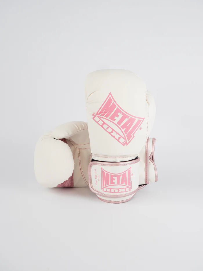 Front view of the white and pink MB200 Metal Boxing Training gloves for children and adults
