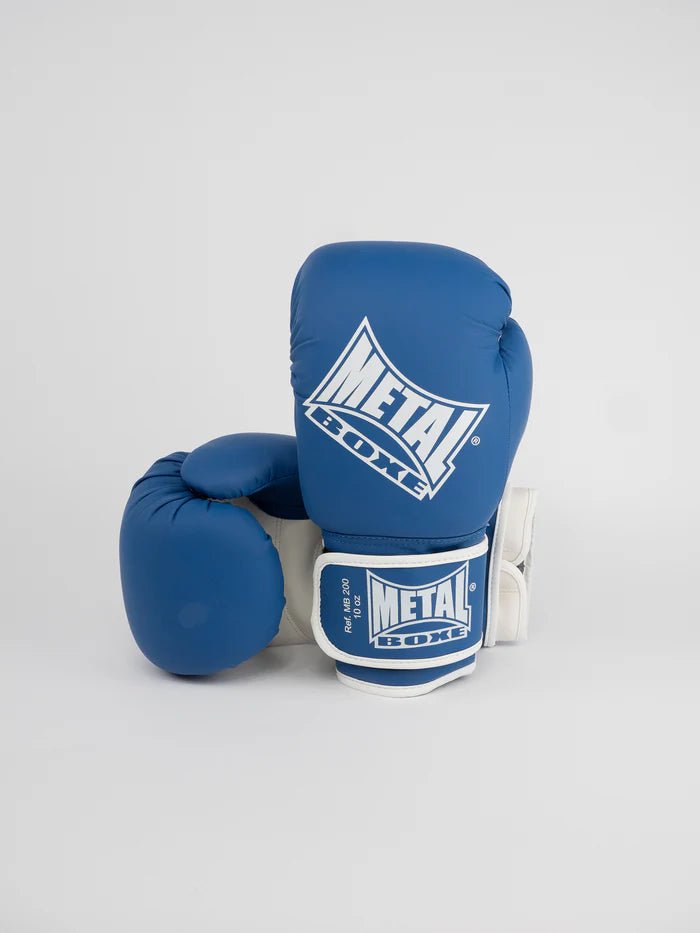 Vista frontal das luvas azuis MB200 Metal Boxing, ícone para treinamento