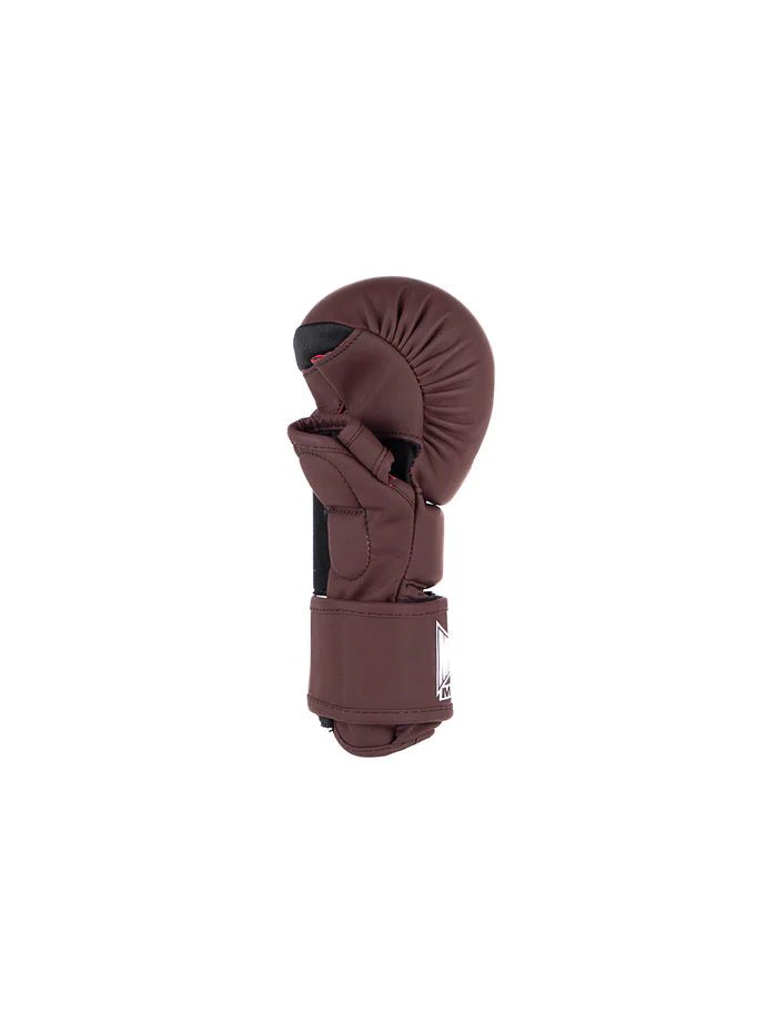 Vista laterale guanti MMA The Shell bordeaux protezione pollice rinforzata per sparring
