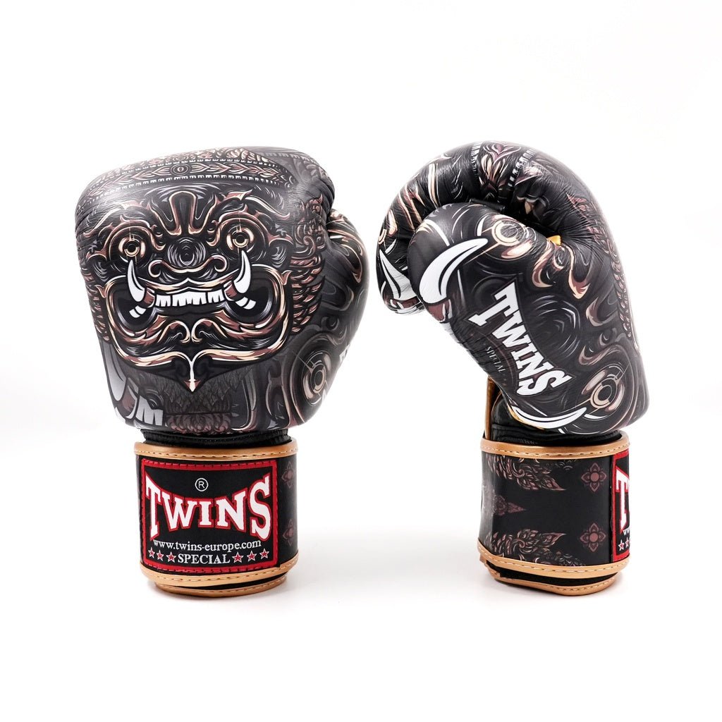 Twins Special BGVL3 Muay Thai gloves with traditional Yaktai graphics front view.