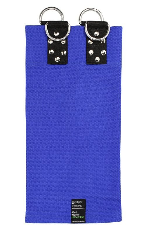 Vista frontal del Moskito Gym Judo Grip Trainer azul en tejido Gi de 930 g/m²