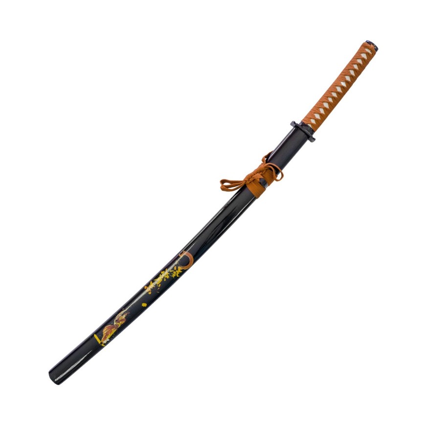 Katana Decorativa in Acciaio Inox Nero Marrone con Supporto