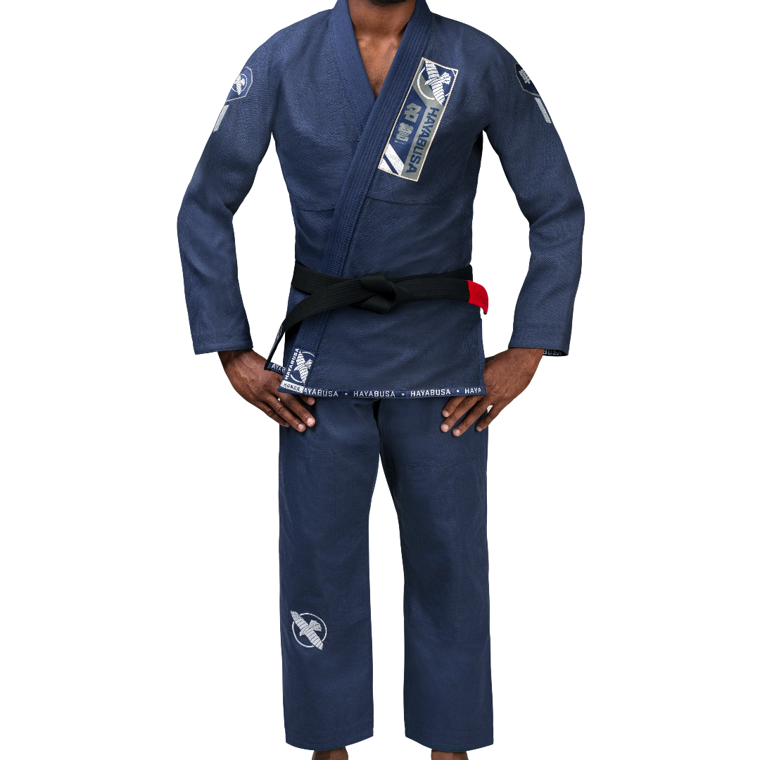 Tampak depan kimono ringan Jiu Jitsu Hayabusa Ascend berwarna biru laut