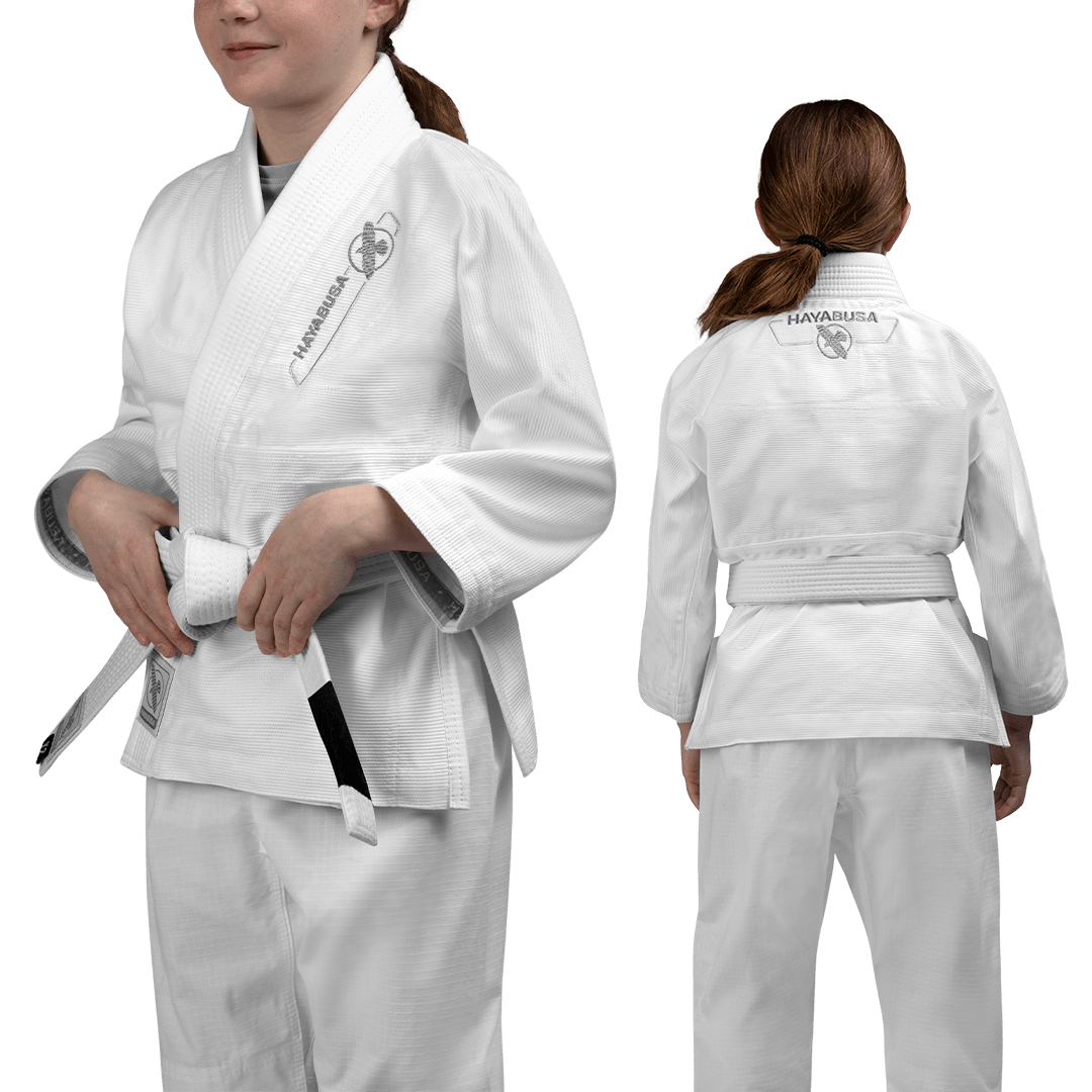 Kombinovaný přední a zadní pohled na bílé kimono Hayabusa Essential Kids BJJ