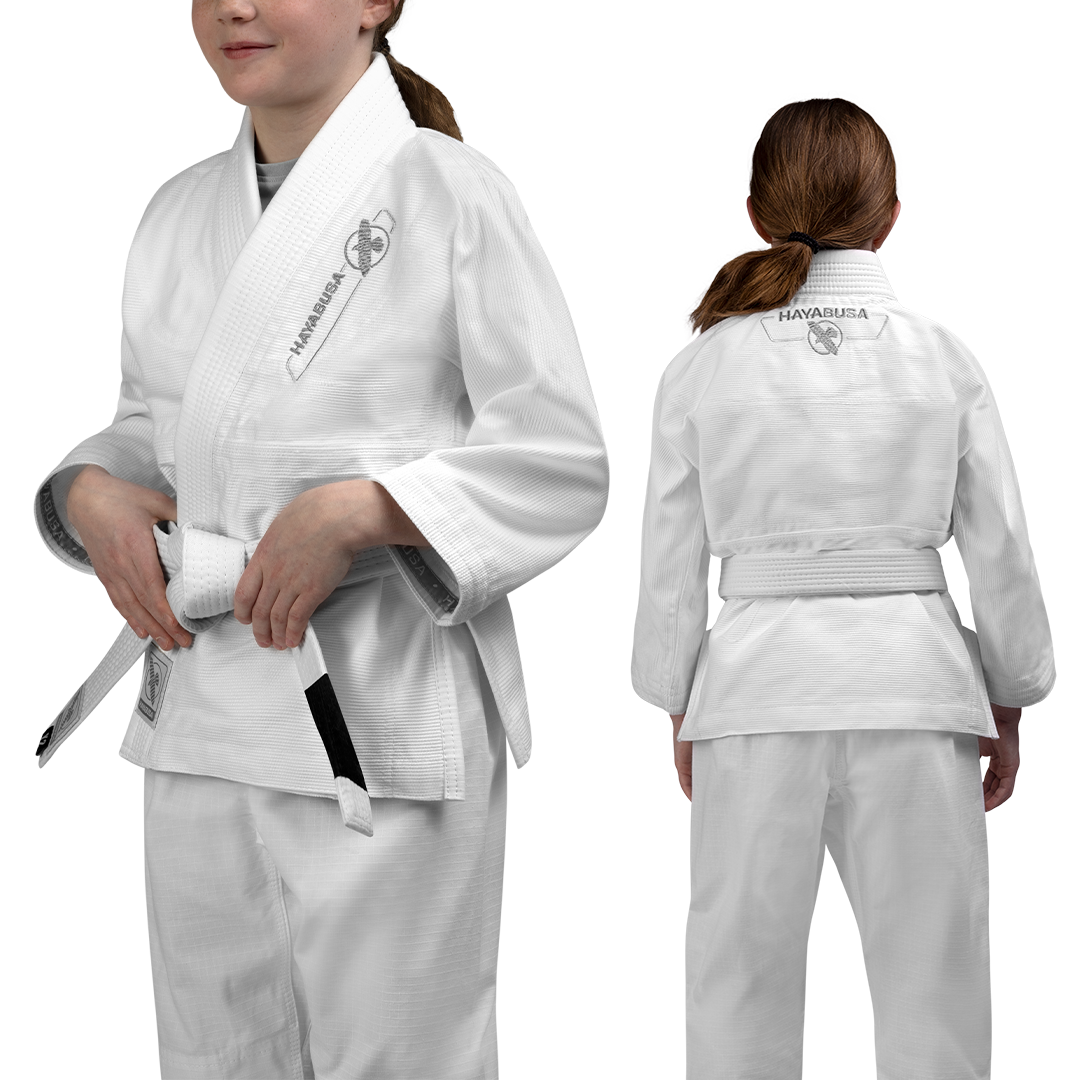Vista combinata fronte e retro del kimono BJJ Hayabusa Essential Kids bianco