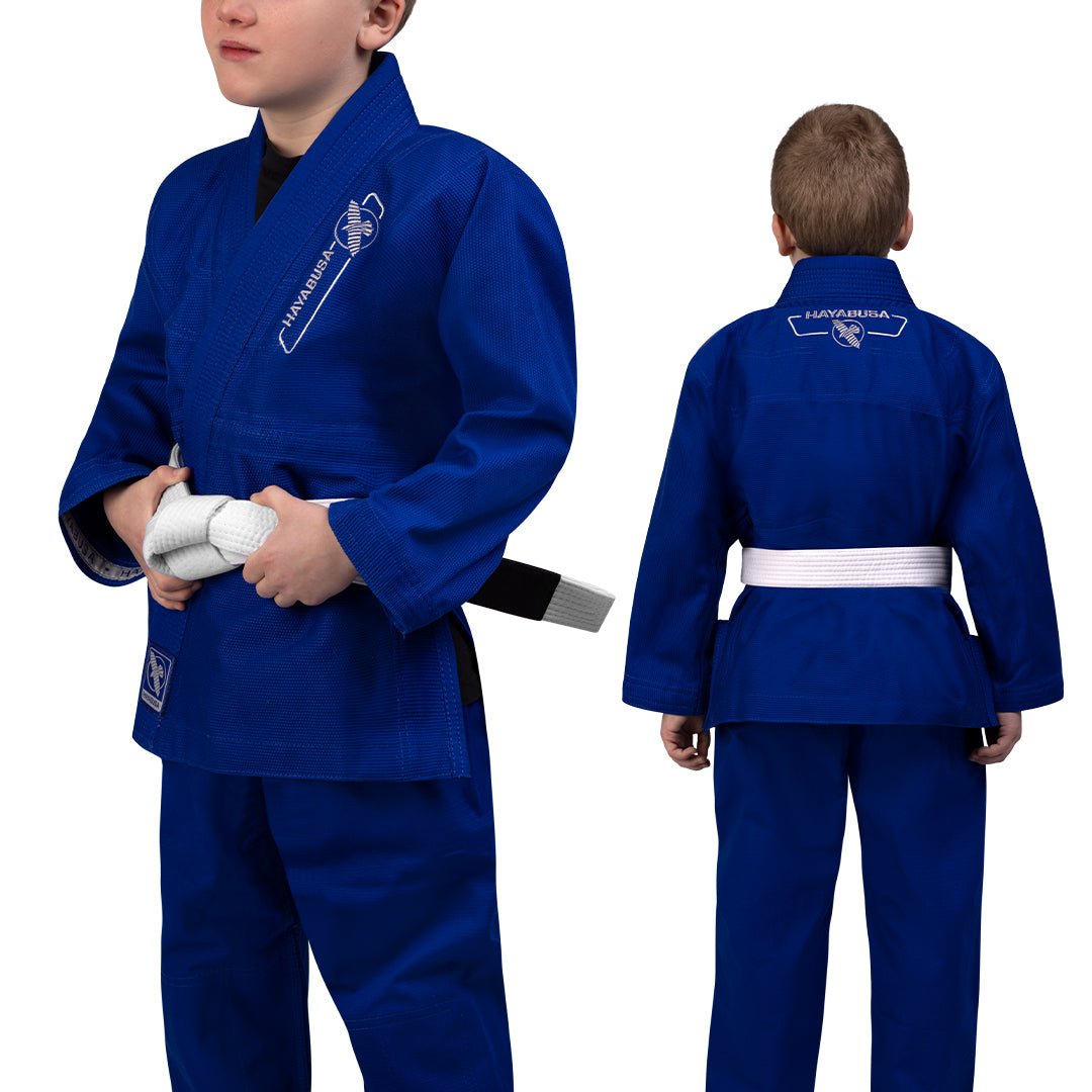 Vista frontal y posterior combinadas del kimono BJJ azul real Hayabusa Essential Kids